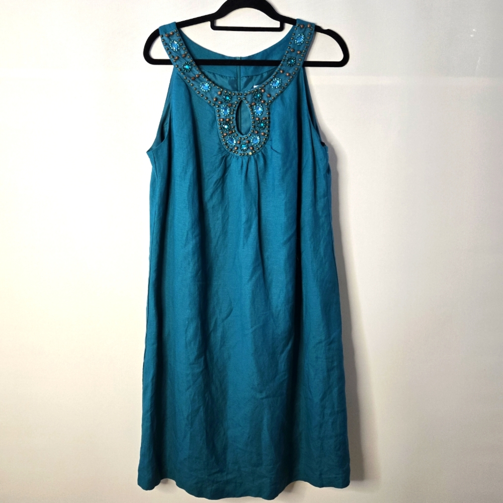 Madison Leigh Size 14W Linen Blend Teal Sleeveless Dress, Embellished Neckline
